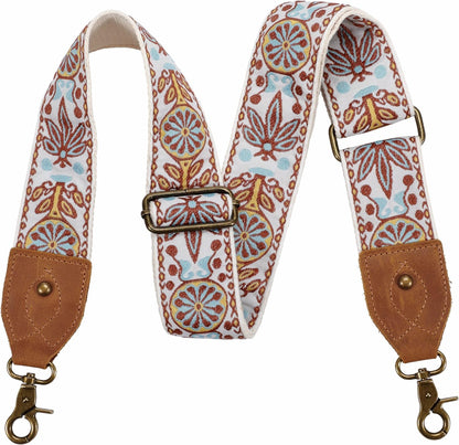 Purse Strap, 2" Crazy Horse Leather End Shoulder Strap Adjustable Replacement,Retro Jacquard Embroidery Multi-Pattern Crossbody Bag Straps for Handbag,Crossbody Bags(White Woven)