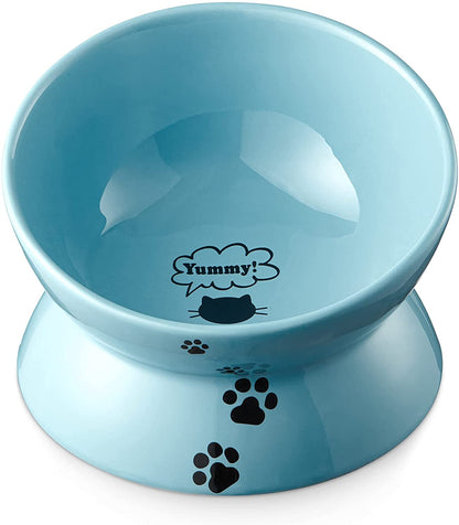 Elevated Cat Food Bowl, Ceramic Raised Bowl, Tilt Angle Protects Cat'S Spine, anti Vomiting Dish, Backflow Prevention, Lake Blue