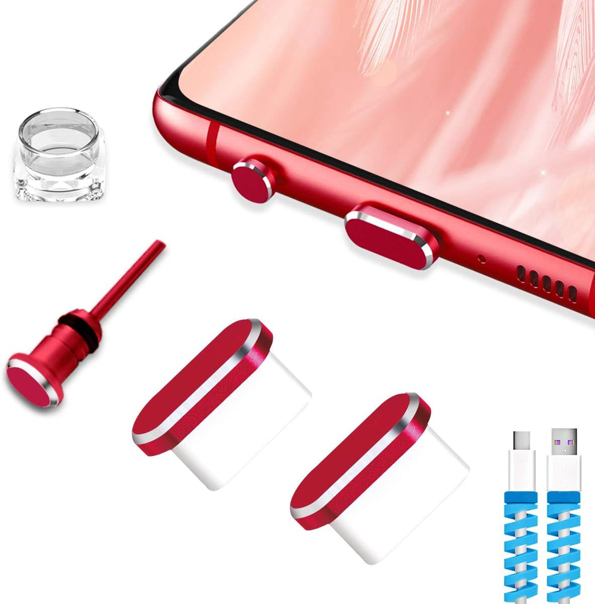 USB C Dust Plugs Charging Port Cover Caps, 2 PCS (Red)