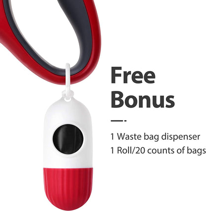 Retractable Dog Leash with Dispenser and Poop Bags, 16 Ft, Red