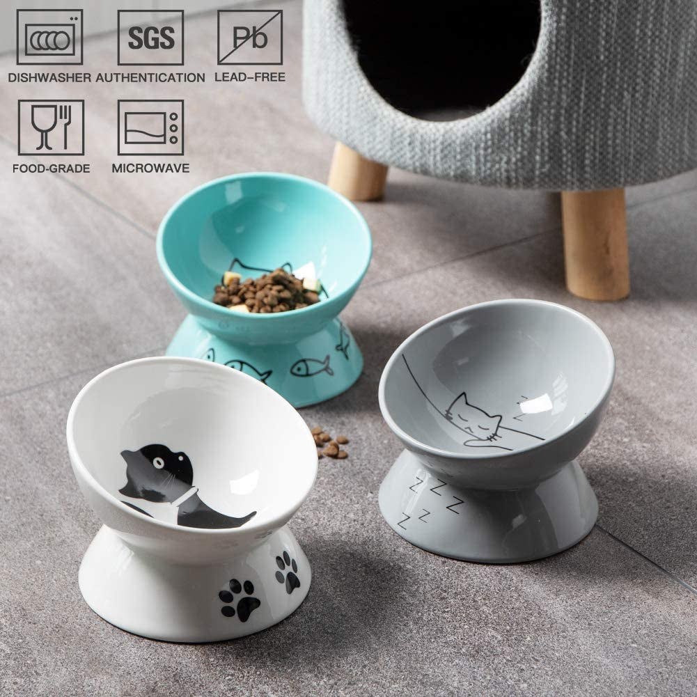 Sweejar Ceramic Raised Cat Bowls, Slanted Cat Dish Food or Water Bowls, Elevated Porcelain Pet Feeder Bowl Protect Cat'S Spine, Stress Free, Backflow Prevention(Grey)