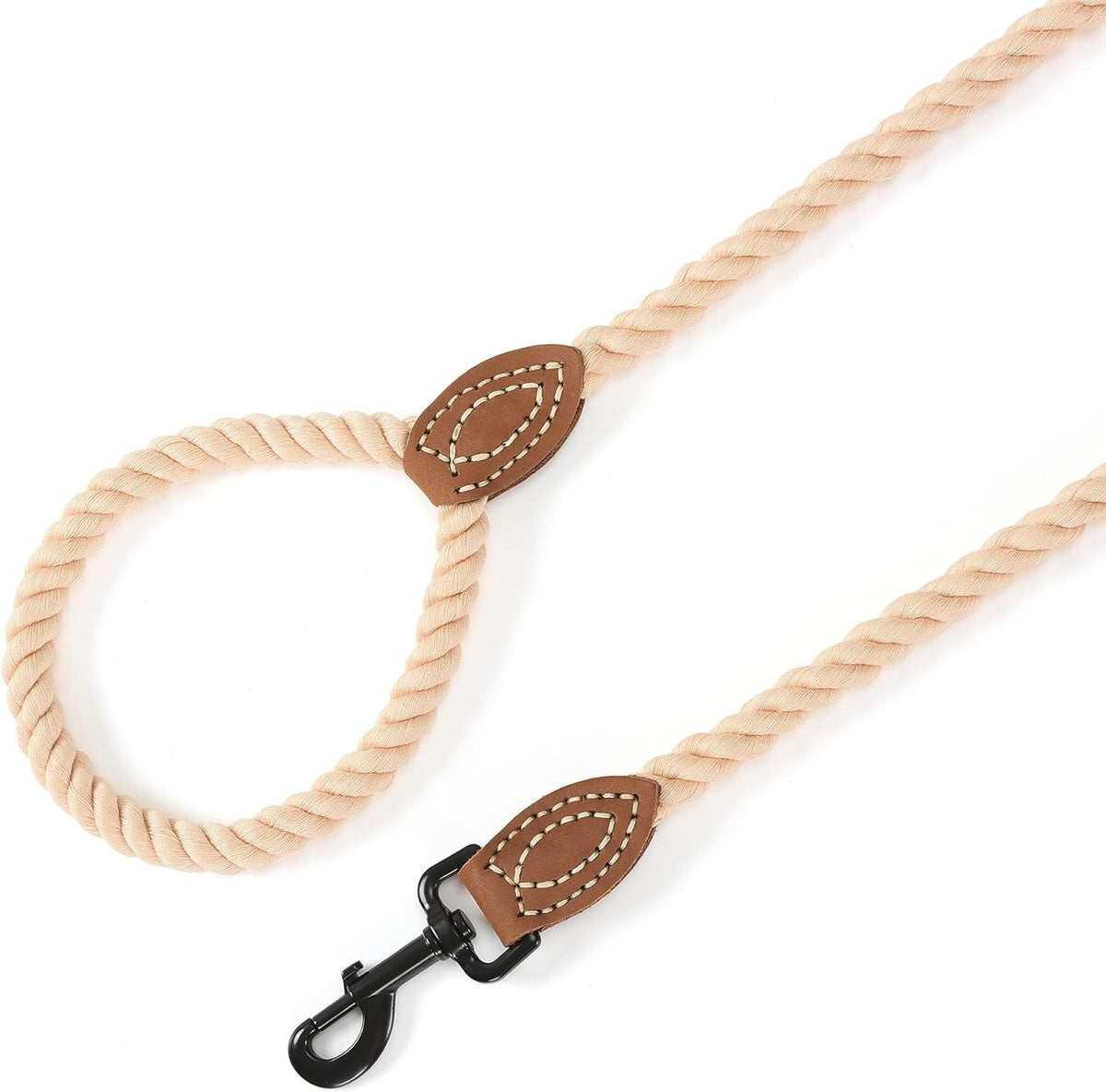 Dog Leash Braided Cotton Rope with Leather-Reinforced Ends
