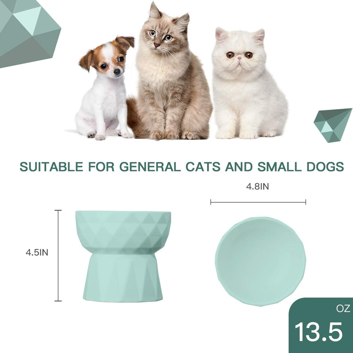Cat Bowls,Ceramic Cat Bowls anti Vomiting,Raised Food and Water Bowl Set for Cats and Small Dogs,13.5 Oz,Green