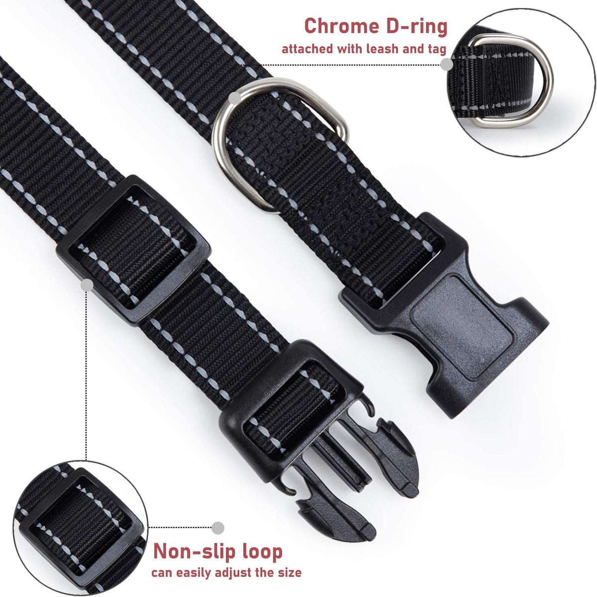 Reflective Dog Collar, Puppy Collar with Buckle Adjustable, Black S