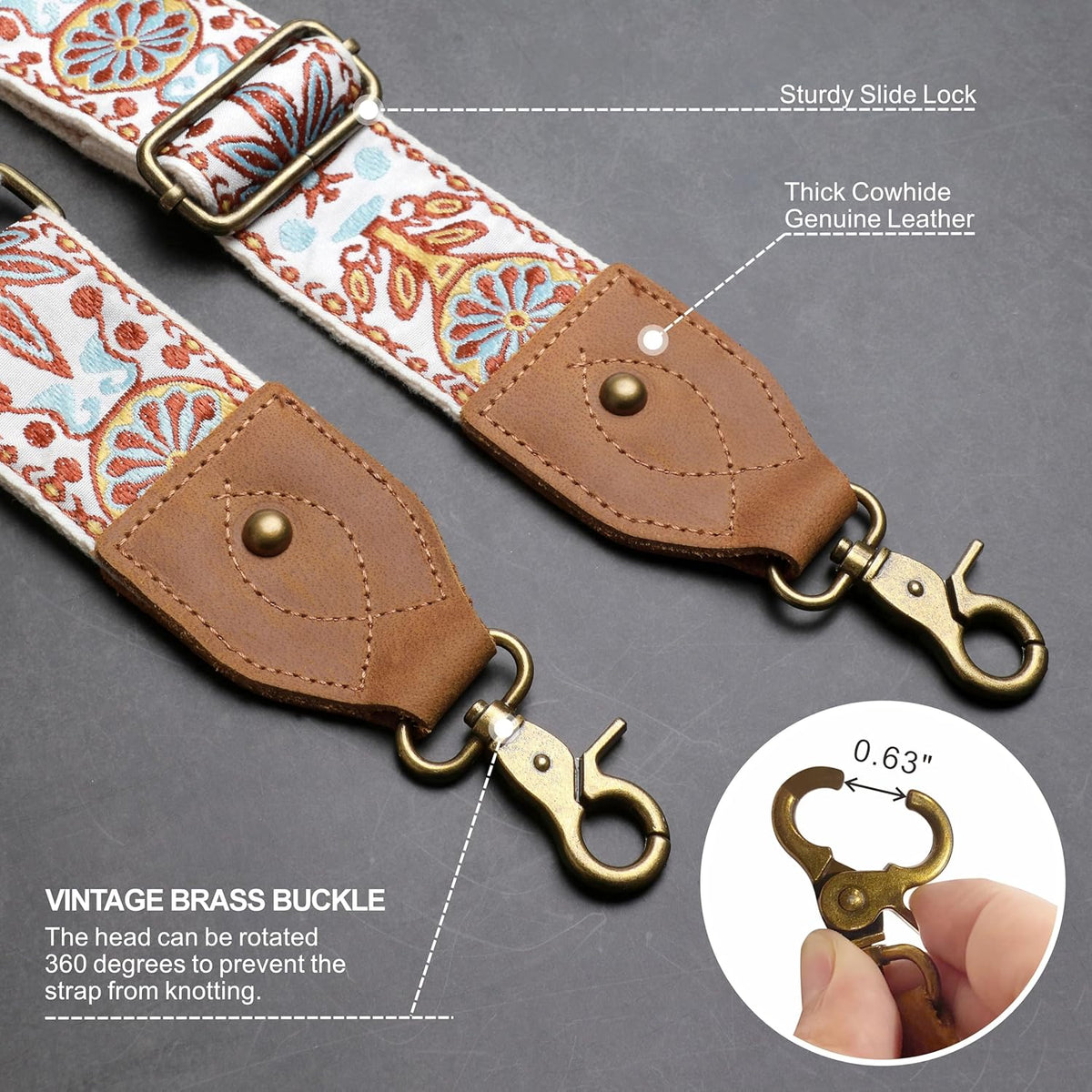 Purse Strap, 2" Crazy Horse Leather End Shoulder Strap Adjustable Replacement,Retro Jacquard Embroidery Multi-Pattern Crossbody Bag Straps for Handbag,Crossbody Bags(White Woven)