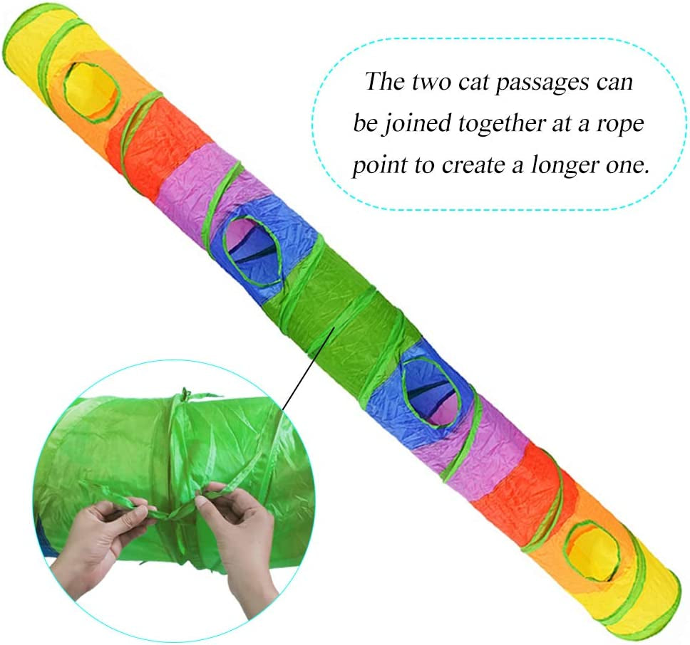 Cat Tunnel for Indoor Cats, 45" Long Rainbow Collapsible Kitten Tube with a Fun Ball and 2 Holes Cat Play Tunnel, Rabbit Tunnel for Kittens Exercising Hiding Training and Running(Colorful)