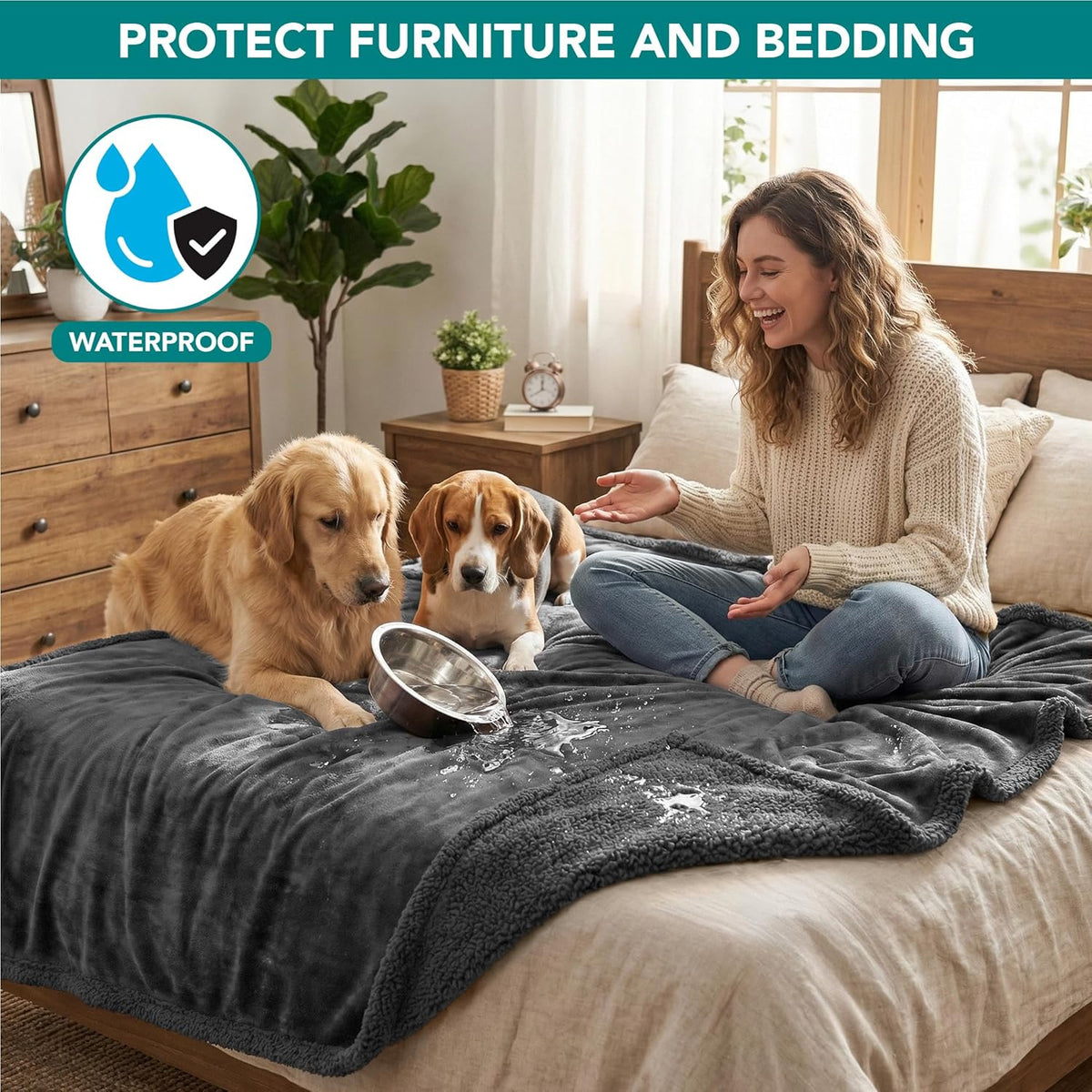 Waterproof Dog Blanket for Large Dog Pet, 90X90 Queen, Dark Grey