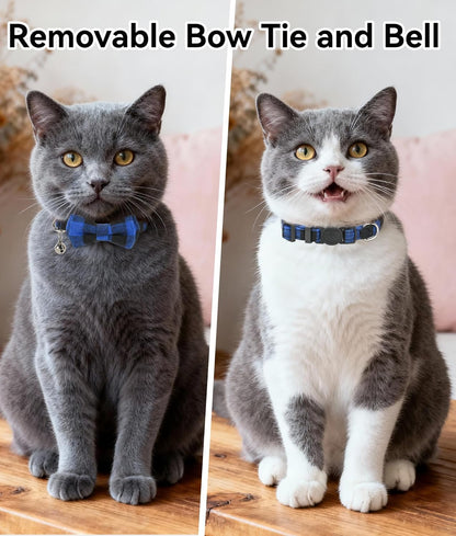 Upgraded Cat Collar with Bells, Breakaway Cat Collars with Bow Tie, 1 Pack Girl Boy Safety Plaid Kitten Collars, Blue
