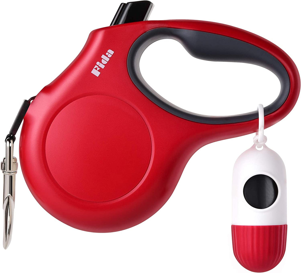 Retractable Dog Leash with Dispenser and Poop Bags, 16 Ft, Red