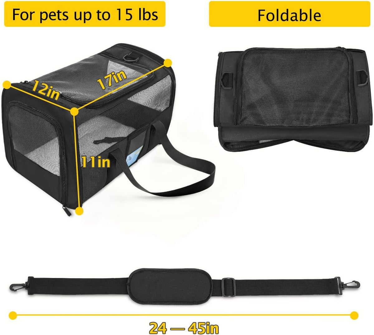 Pet Carrier Airline Approved, Cat Carriers for Medium Cats Small Cats, Soft Dog Carriers for Small Dogs, TSA Approved Pet Carrier for Cat Dog of 15 Lbs, Puppy Carrier,Black