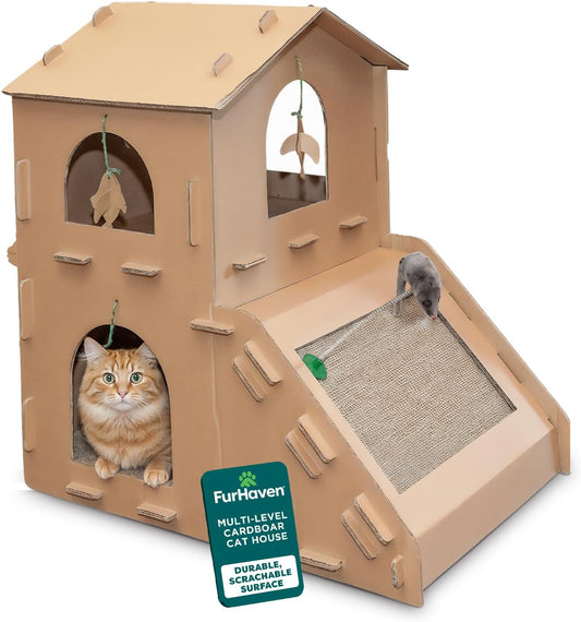 Townhouse Multi-Level Cardboard Cat House for Indoor Cats with Catnip & Toys, Double-Walled Corrugated Scratcher Designed for Lounging, Play & Comfort, One Size, Cardboard, Brown