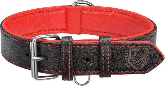 Riparo Dog Collars for Medium Dogs, Genuine Leather Dog Collar, Medium Dog Collar (M: 1" Wide for 13.5”-17.5” Neck, Black/Red Thread)