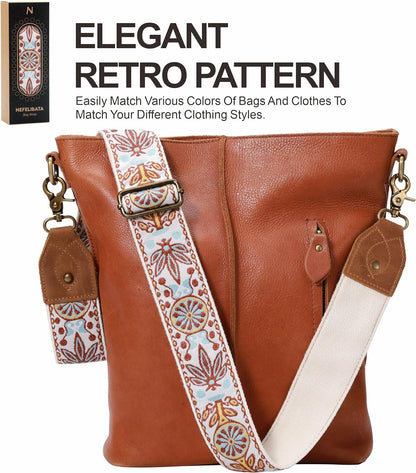 Purse Strap, 2" Crazy Horse Leather End Shoulder Strap Adjustable Replacement,Retro Jacquard Embroidery Multi-Pattern Crossbody Bag Straps for Handbag,Crossbody Bags(White Woven)