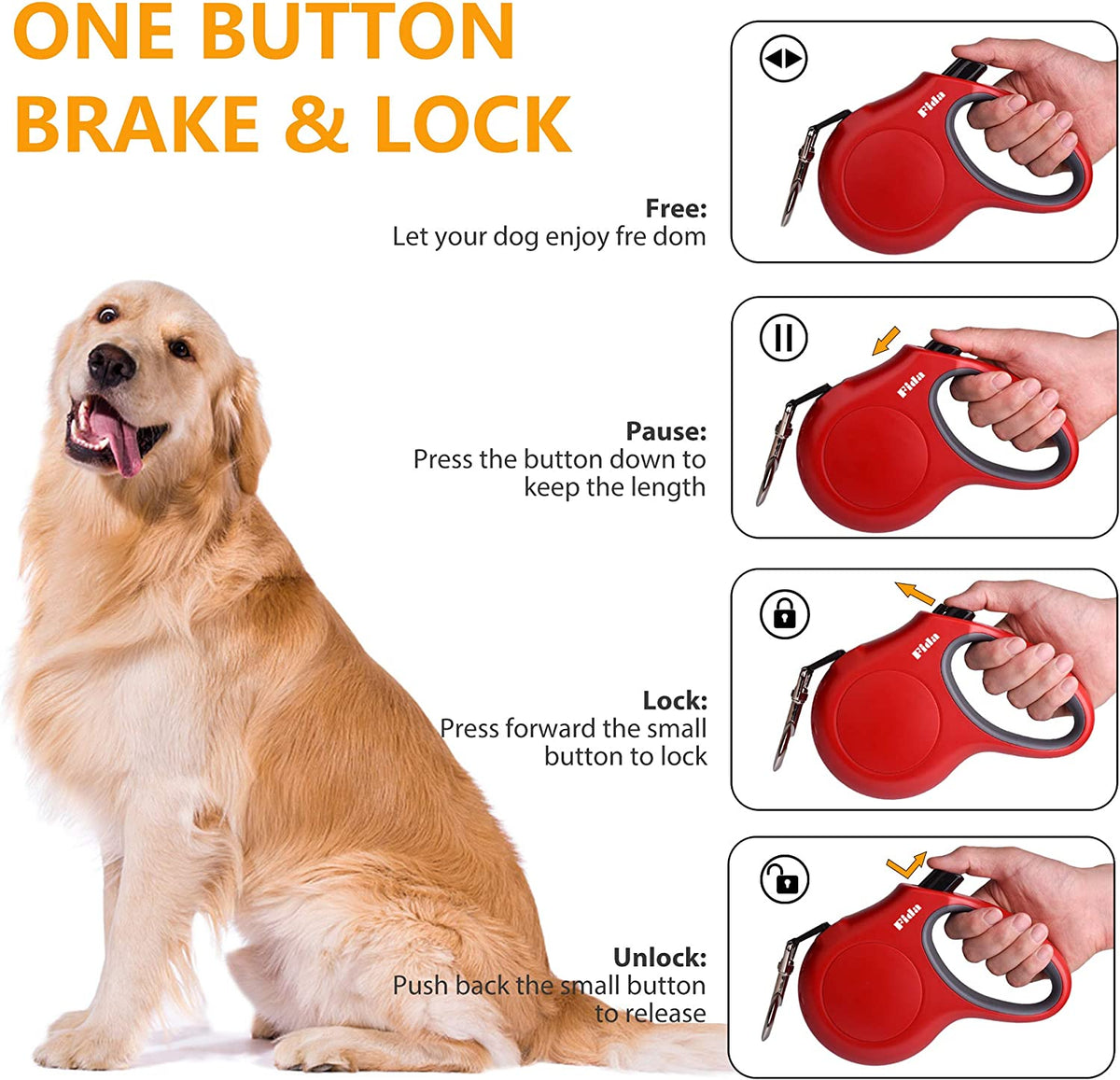 Retractable Dog Leash with Dispenser and Poop Bags, 16 Ft, Red