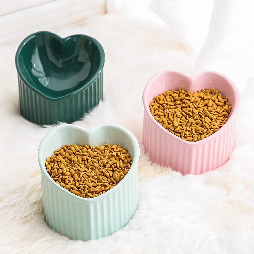Dark Green Ceramic Raised Cat Bowls, Tilted Elevated Food or Water Bowls, Stress Free, Backflow Prevention, Dishwasher and Microwave Safe, Lead & Cadmium Free