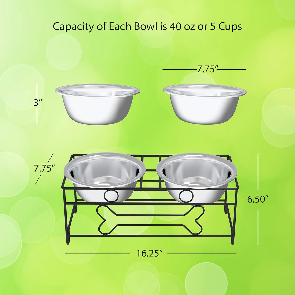 Set of 2 Stainless Steel Dog Bowls - 40Oz Pet Bowls with Decorative Dog Food Stand - Metal Food and Water Dishes for Large Pets - Puppy Essentials by  (Silver/Black)