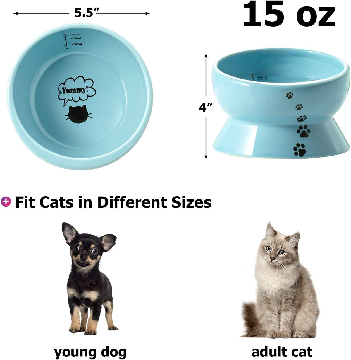 Ceramic 15 Ounce Slanted Cat Food Water Bowl, Lake Blue