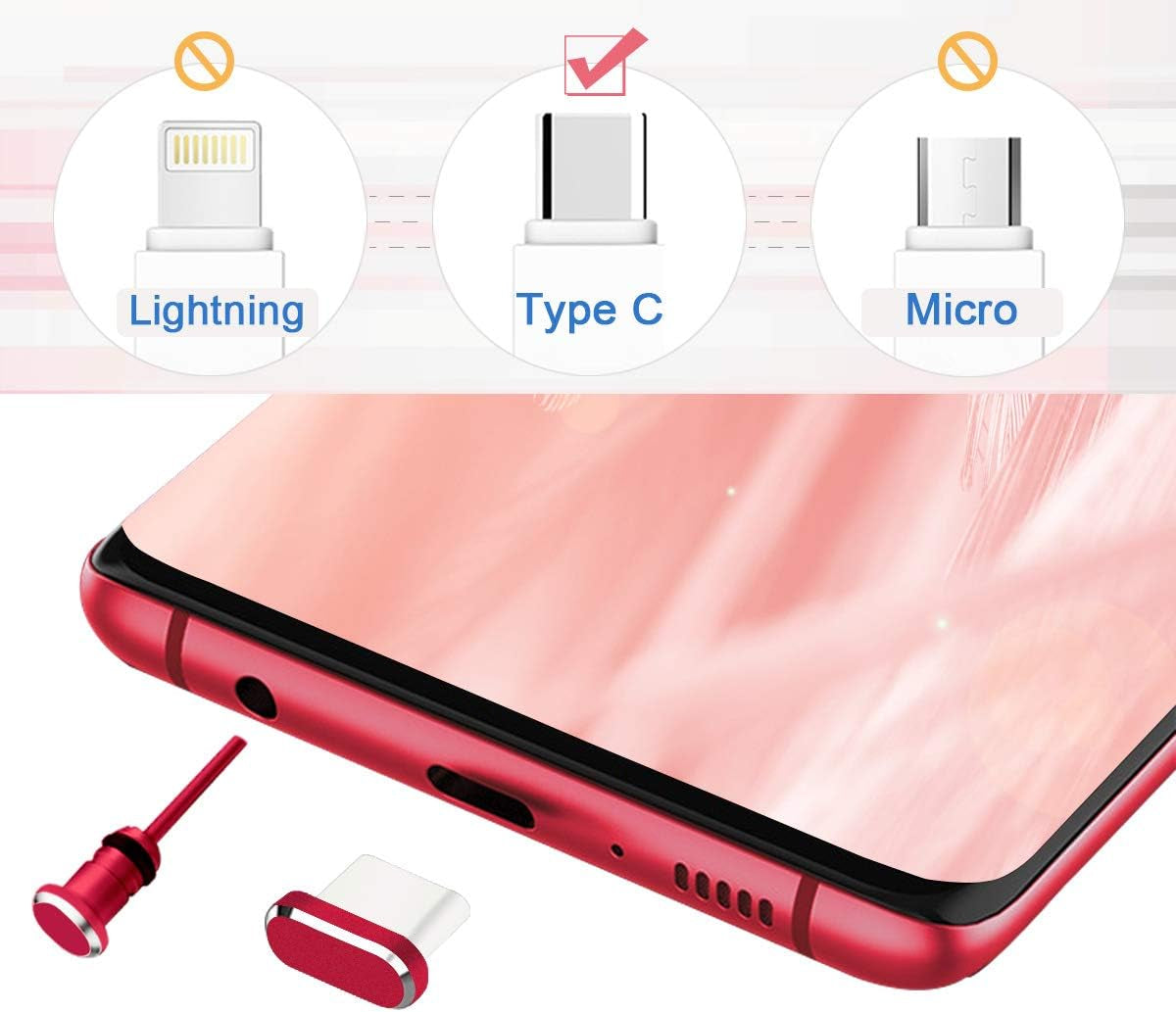 USB C Dust Plugs Charging Port Cover Caps, 2 PCS (Red)