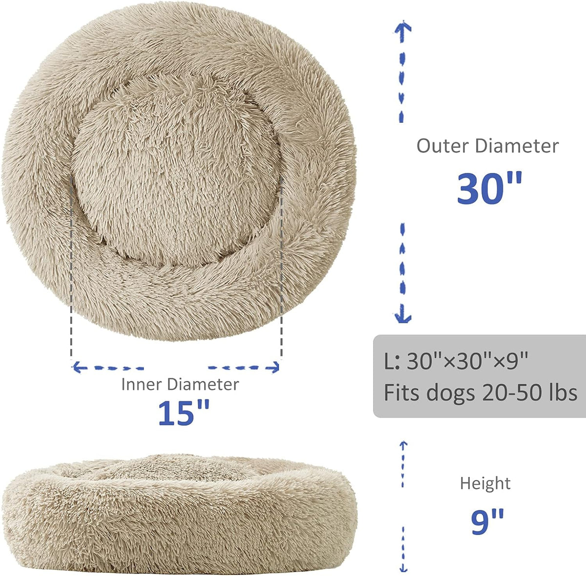 Washable Dog round Bed - Large Donut Dog Bed, Comfy Calming Cuddler