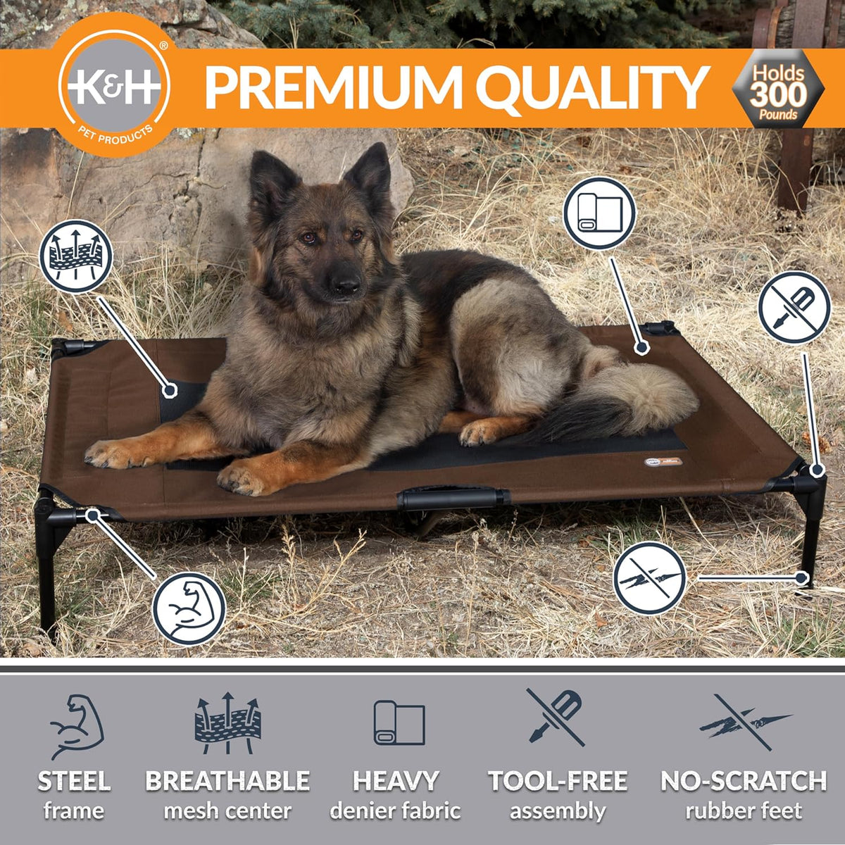 K&H Outdoor Elevated Dog Bed for Large & X-Large Pets, Chocolate, 50X32In