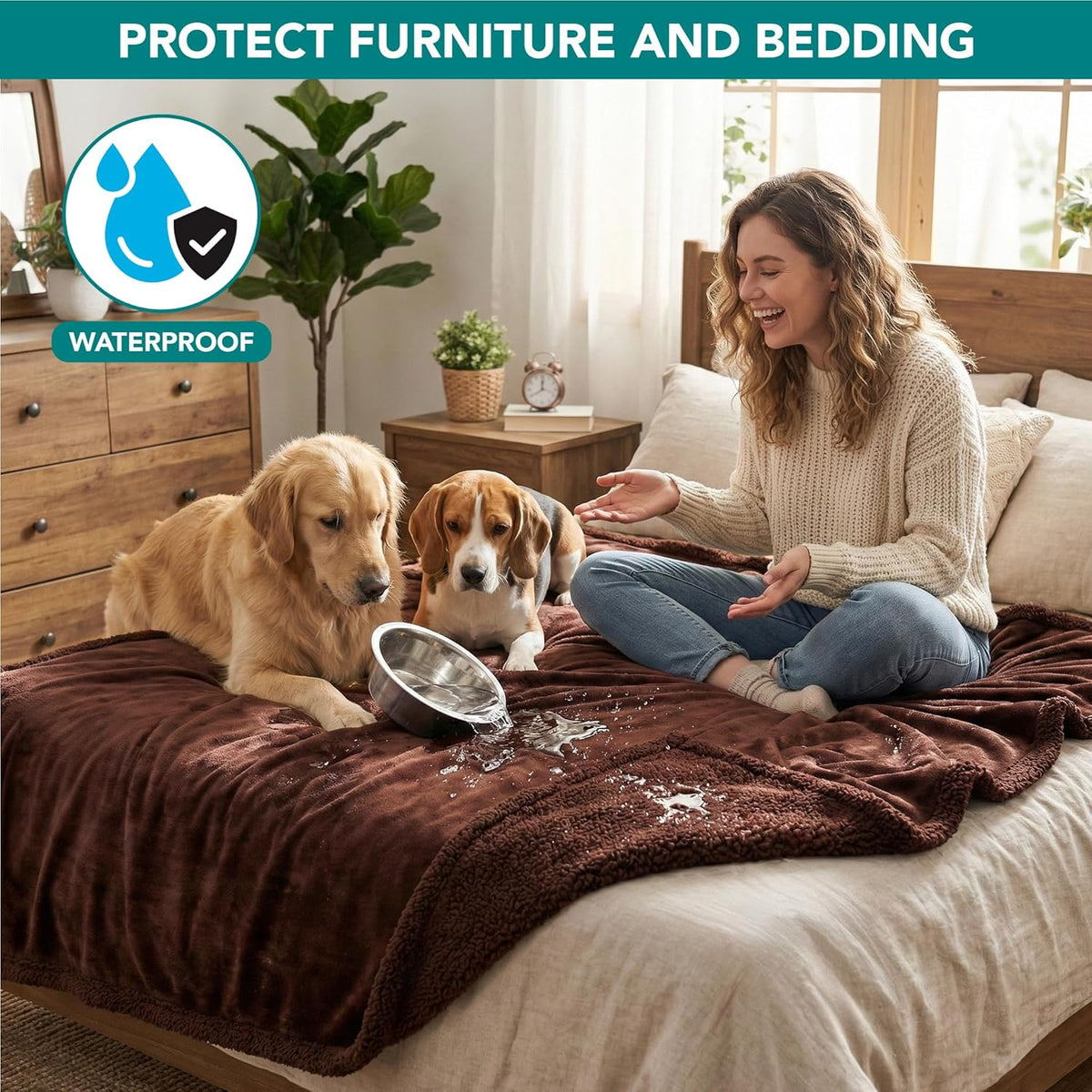 Waterproof Dog Blanket for Large Dog Cat Pet, 60X80, Brown Sherpa