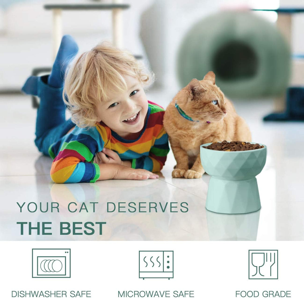 Cat Bowls,Ceramic Cat Bowls anti Vomiting,Raised Food and Water Bowl Set for Cats and Small Dogs,13.5 Oz,Green