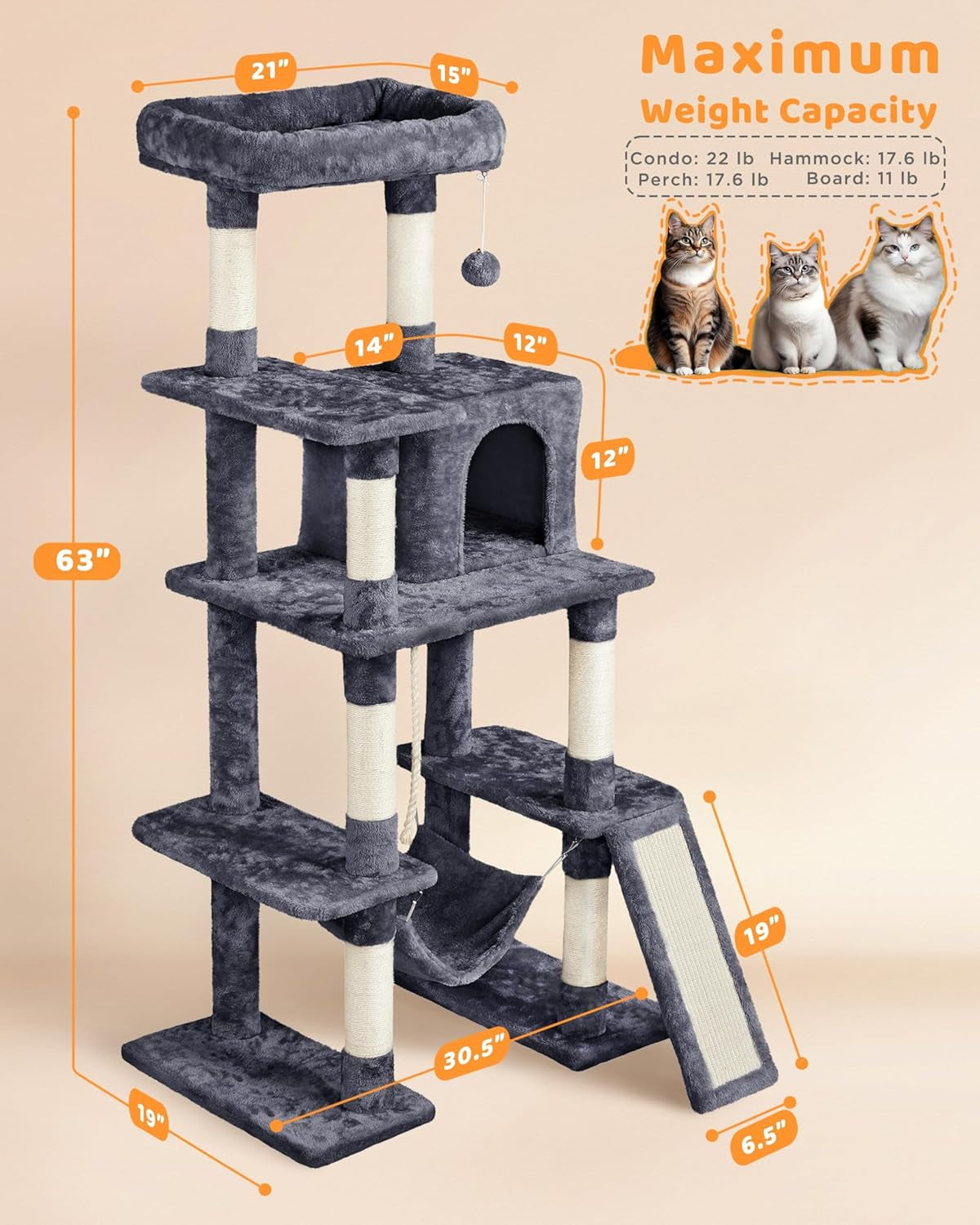63In Sturdy Large Cat Tree for Indoor Heavy Cats, Tall Tower