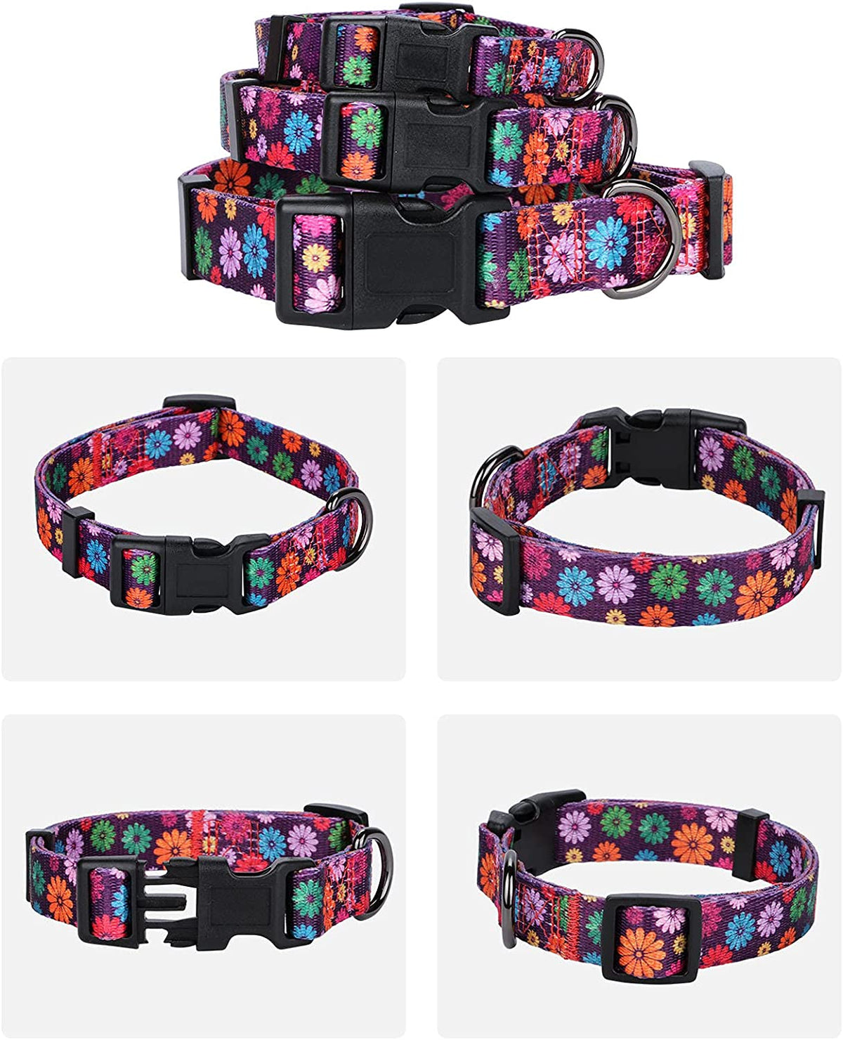 Girl Dog Collars Fall Daisy Pattern, Colorful Flowers Print, Female Collar, Dark Purple, Large