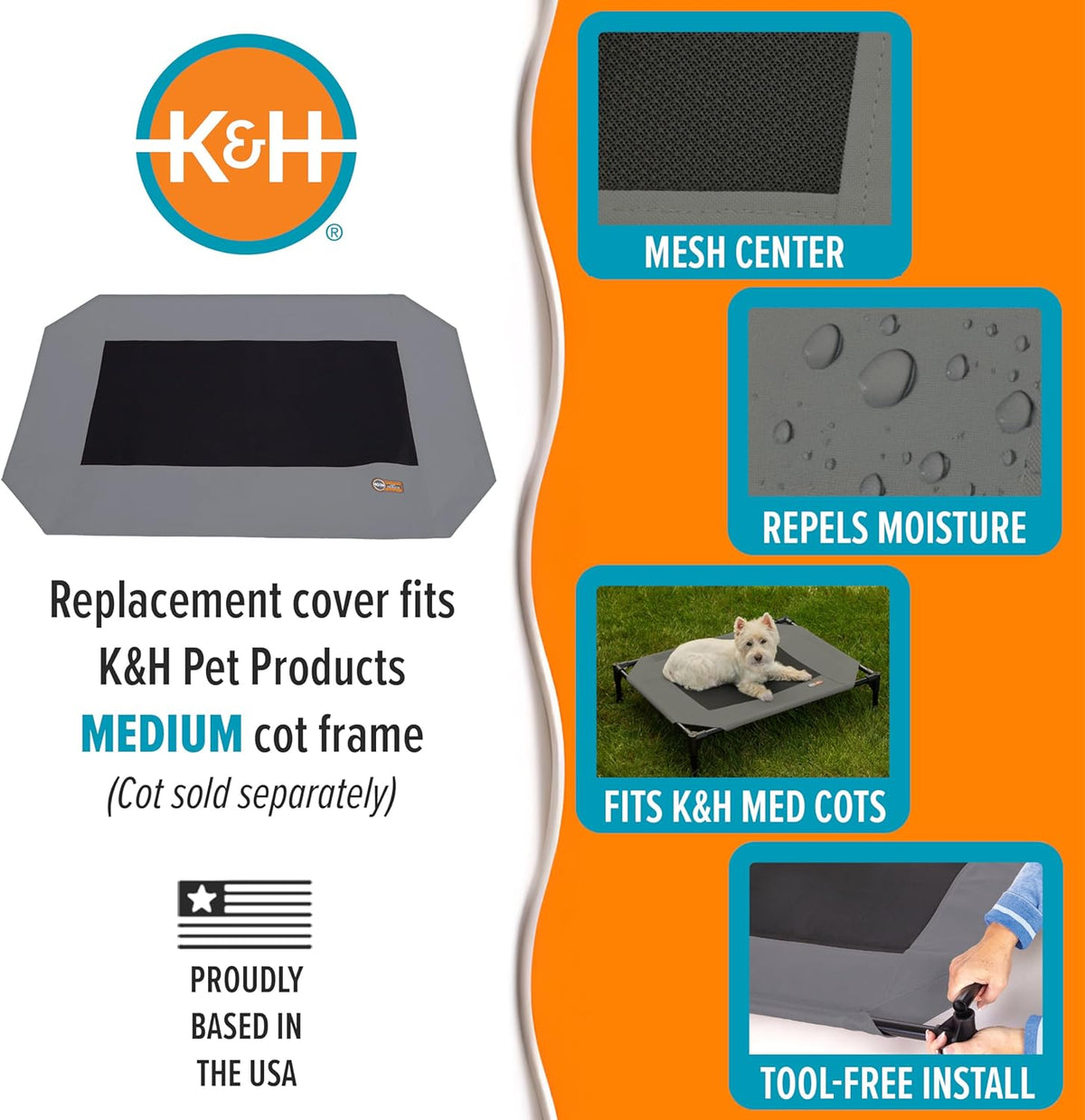 Original Pet Cot Replacement Cover (Cot Sold Separately) - Gray/Black Mesh, Medium 25 X 32 Inches