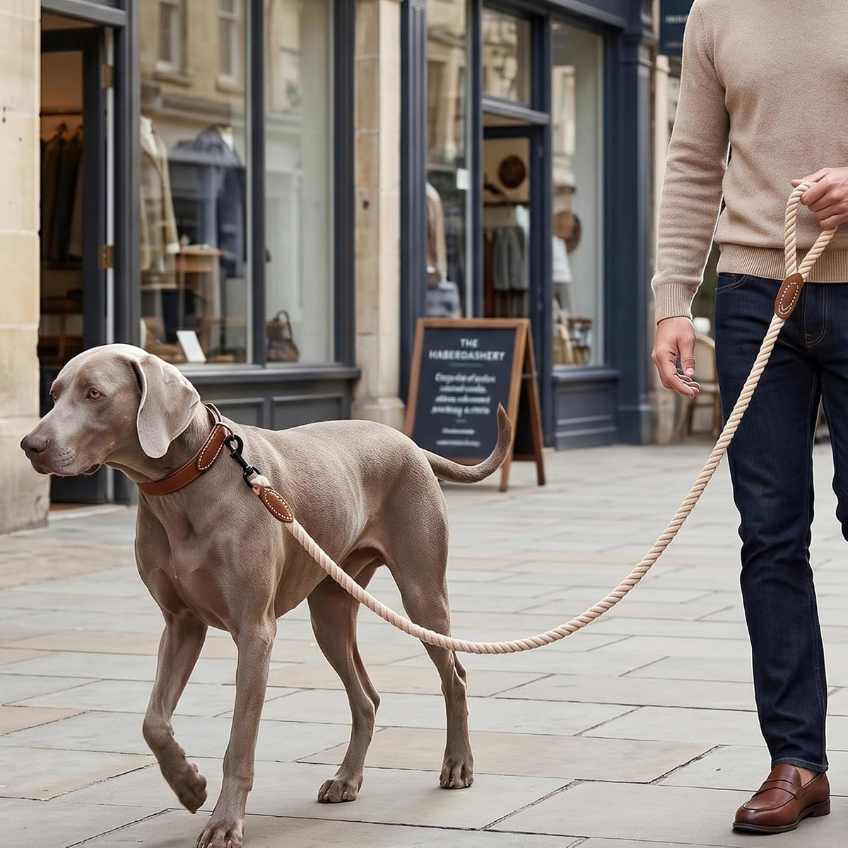 Dog Leash Braided Cotton Rope with Leather-Reinforced Ends